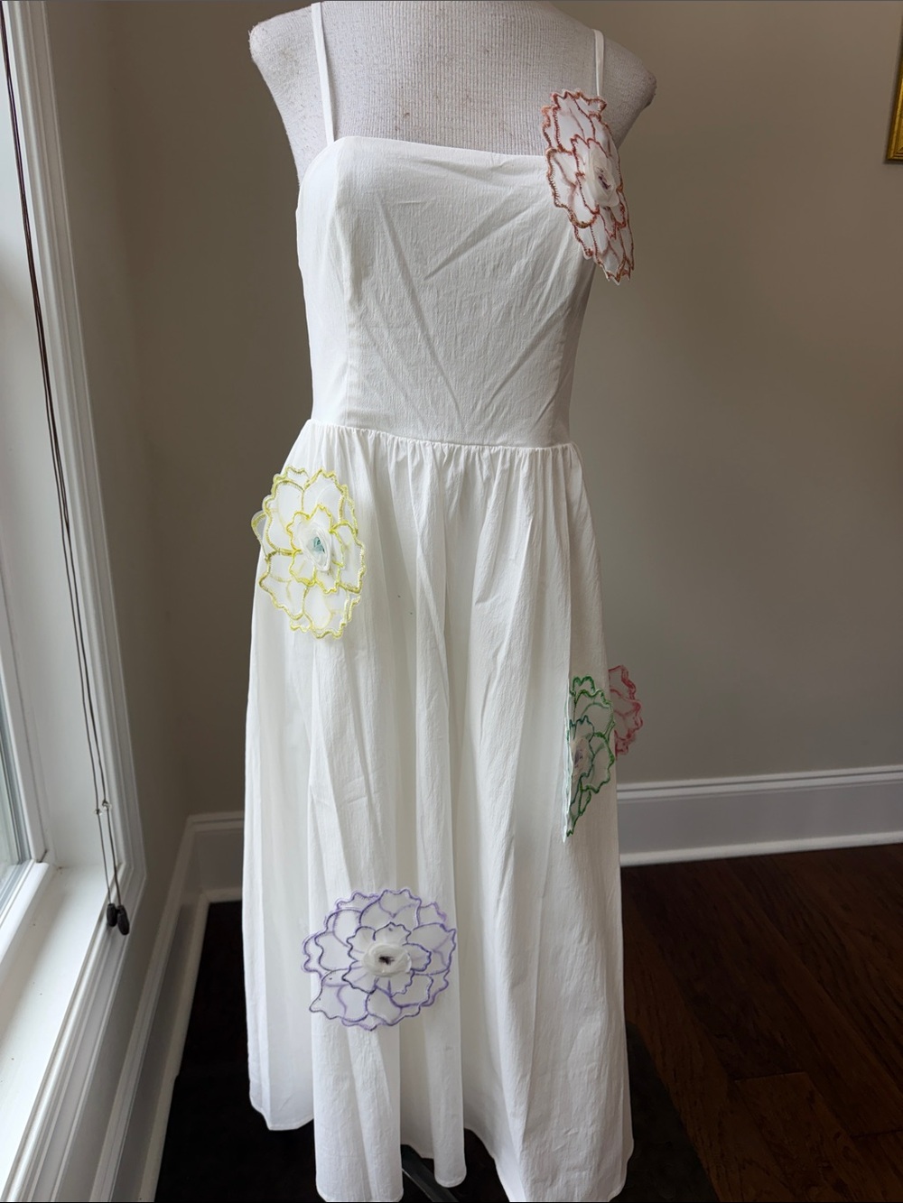 Avec Les Filles White Maxi Dress with Multicolor Floral Appliqués